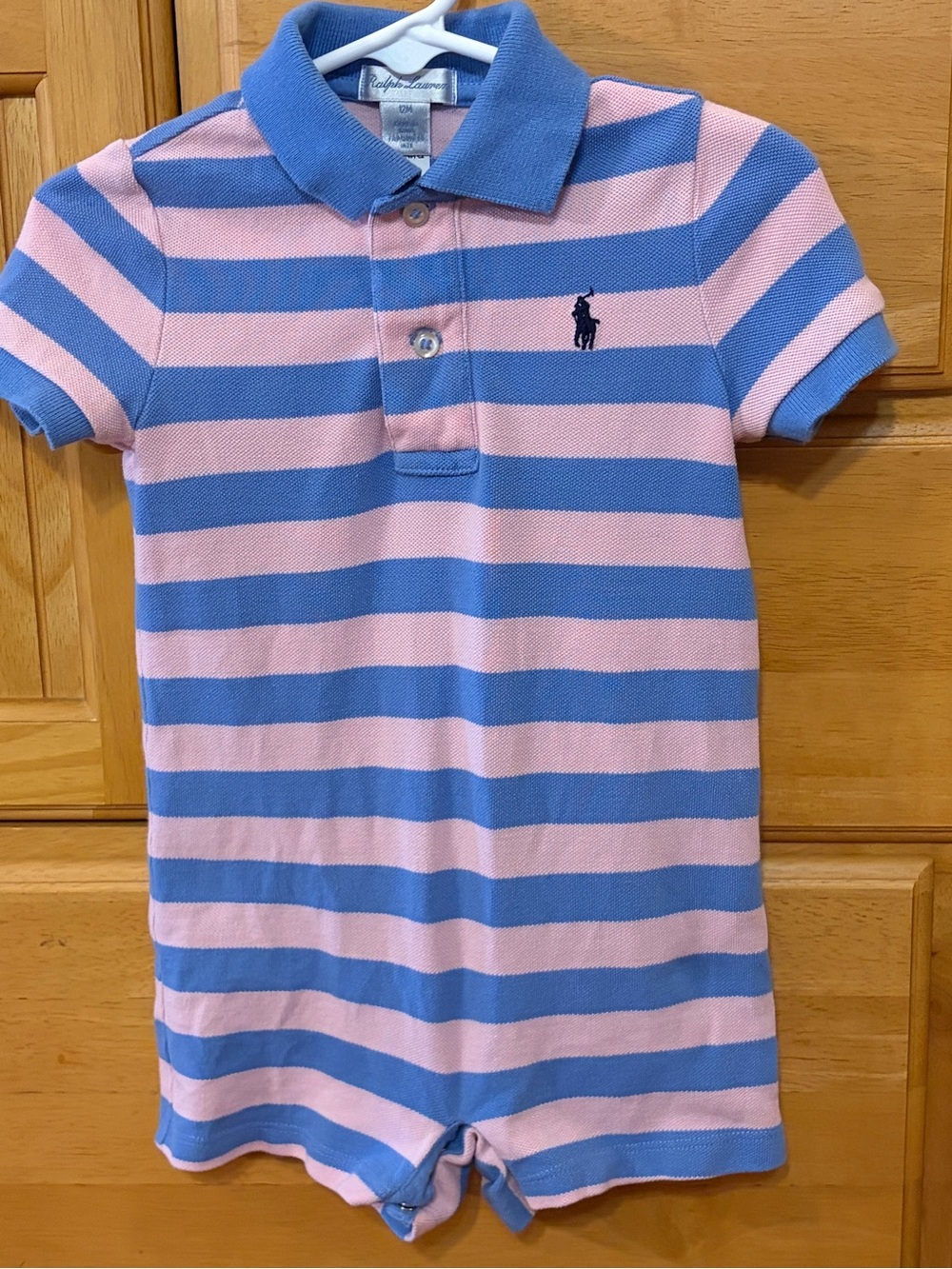 Ralph Lauren Boy’s Pink and Blue Pique Cotton Polo Romper Size 12 Months